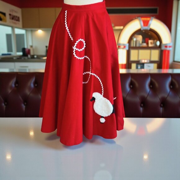 Vintage Red Poodle Wool Flannel Circle Skirt Appliqued Poodle Rockabilly Be Bop